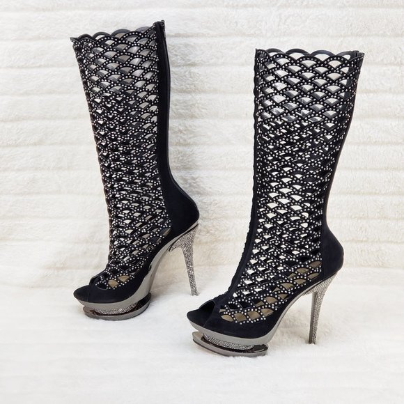 Fantasia Cutout Genuine Suede Rhinestone Boot 6" Heel Knee Boots - Picture 3 of 12